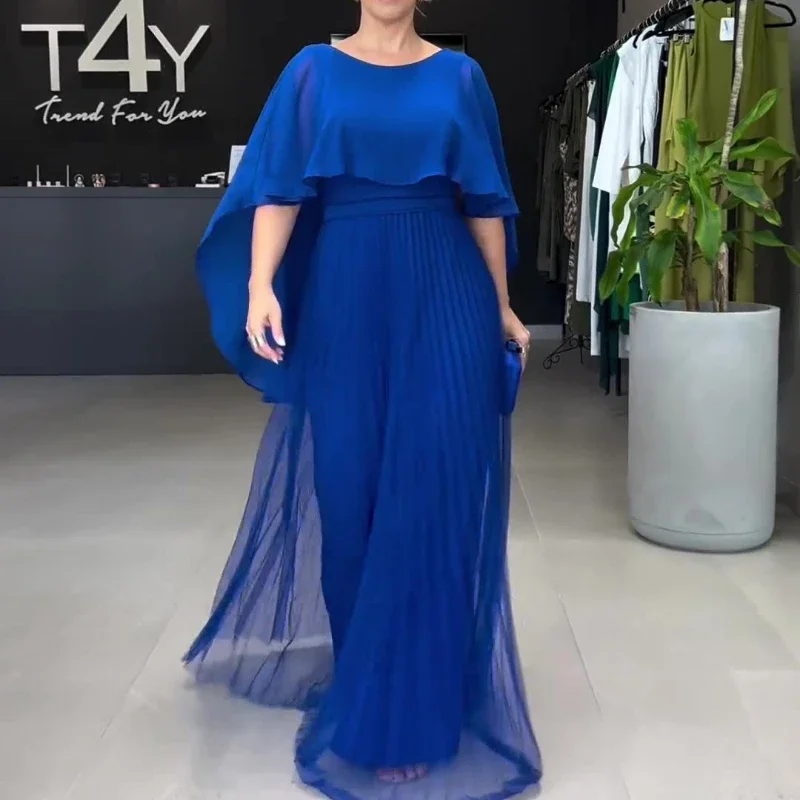 Women Elegant Crew Neck Irregular Shawl & Vest Pleated Dresses Autumn Solid Color Cloak 2 Piece Set Loose Evening Gown Vacation