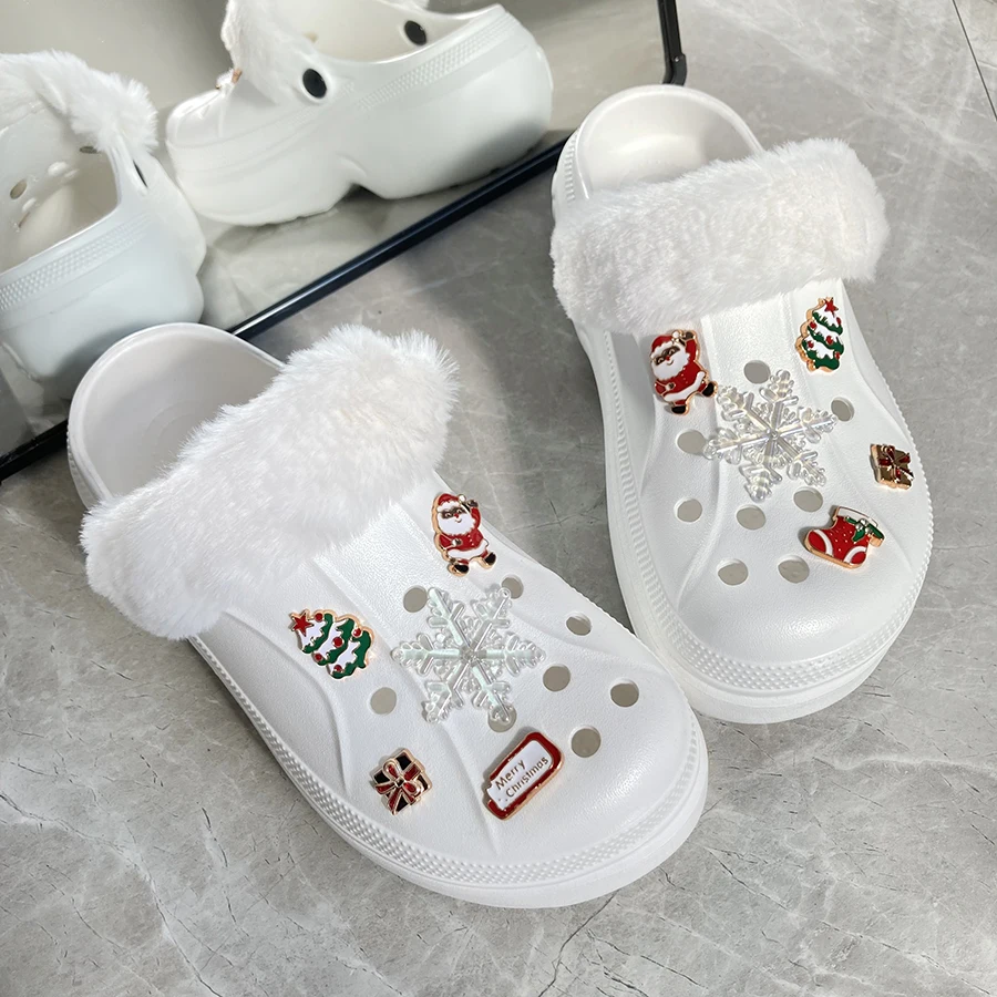 10pcs Christmas Vibe Snowflake Cute Decoration Charms And Fuzz Furry Heel Strap Suitable For Crocs Clogs Gift