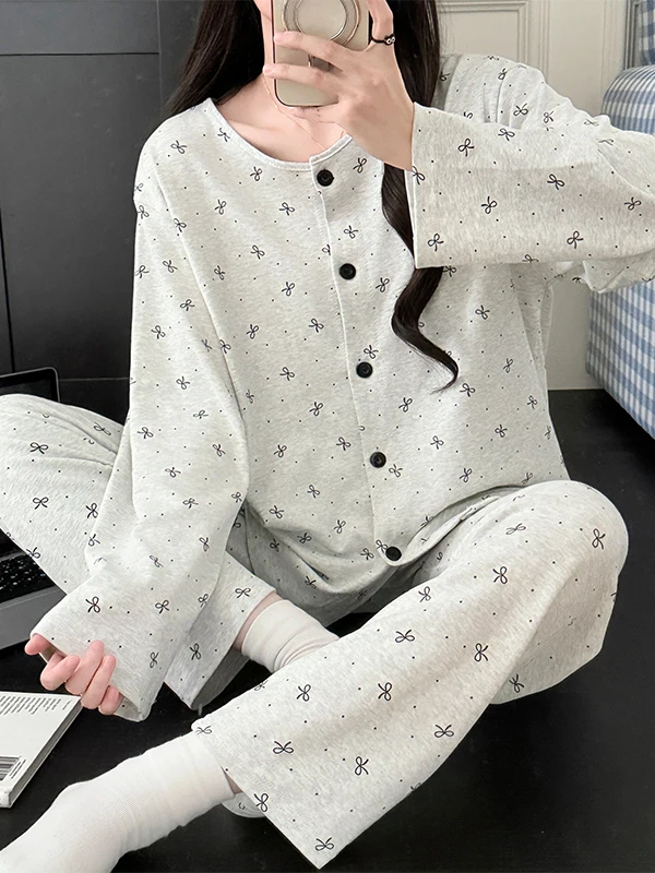 Pure Cotton Sleepwear Women's Long Sleeve Long Pants Set Can Be Worn outside Spring Autumn Style Home Clothes Soft round Neck