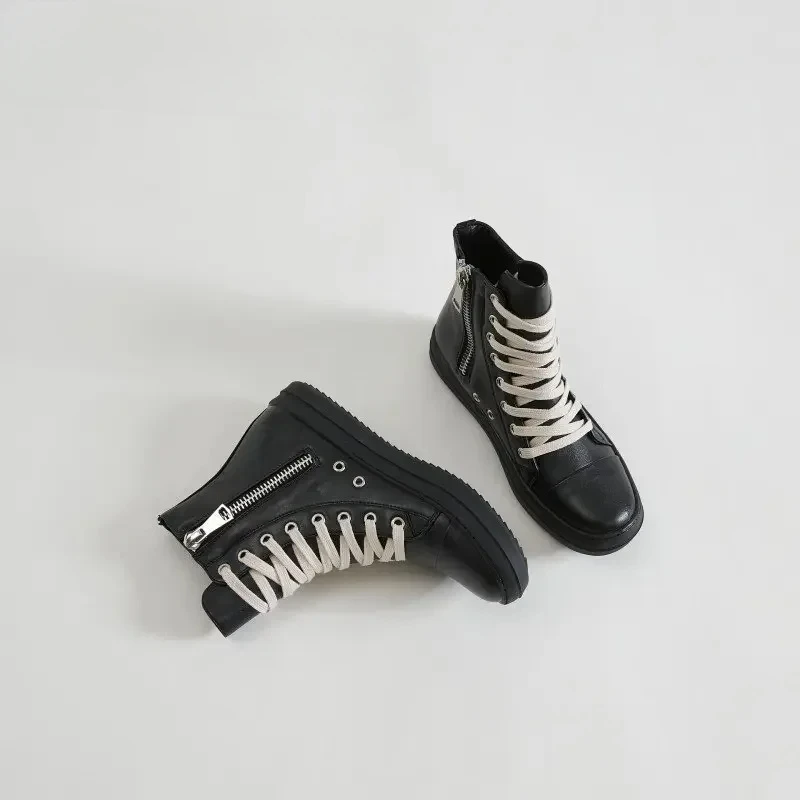 العلامة التجارية خمر تصميم الرجال حذاء من الجلد النساء عالية أعلى أحذية منصة الدانتيل يصل المدرب عادية جلد أسود المدربين أحذية رياضية الإناث #4