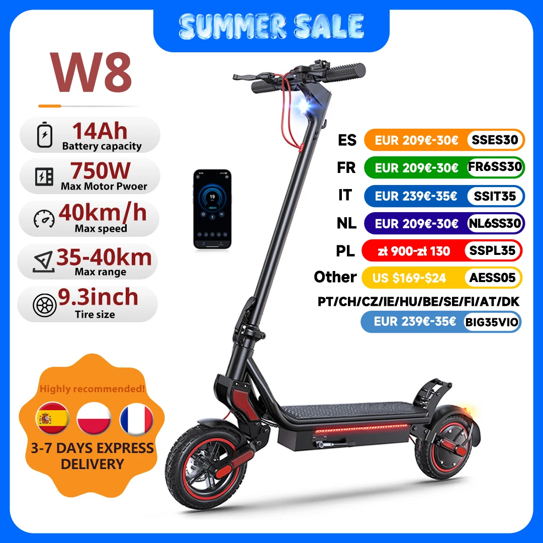 Trottinette électrique W8 9,3 pouces, moteur 48V 14Ah 750W, autonomie maximale 30-40 km, vitesse maximale 40 km/h, double suspension, avec application