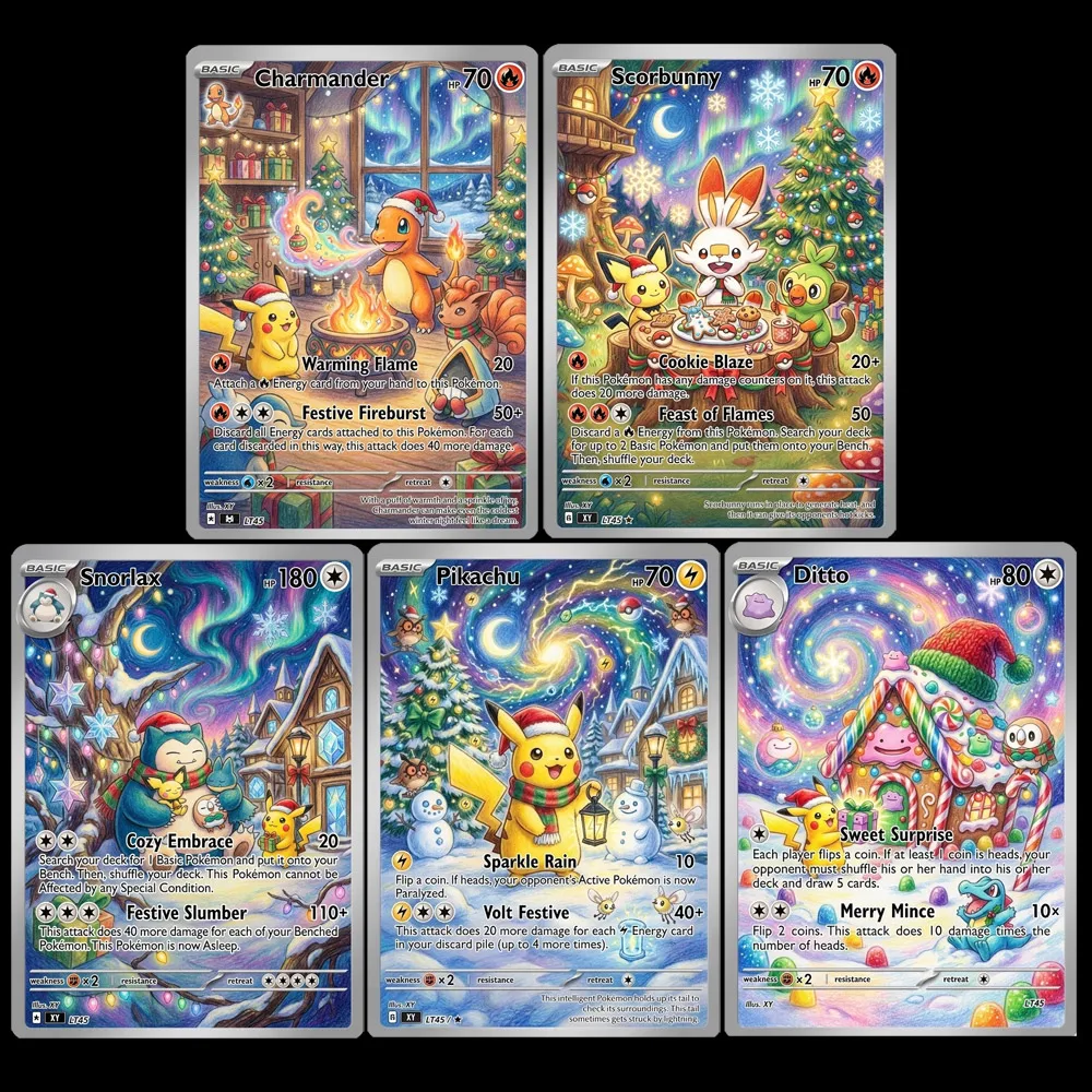 5-cartas-pokemon-brinquedos-de-anime-presente-pokemon-carta-de-colecao-ptcg-snorlax-ditto-scorbunn-charmander-cartas-holo-raras-atacado