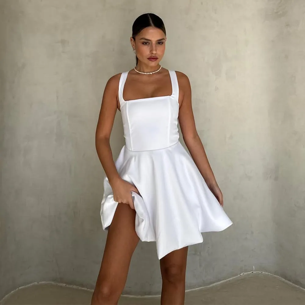 

Mini Formal Party Dresses for Women 2025 Square Collar A Line Short Cocktail Gowns White Lace Up Sleeveless Simple Bridal Dress