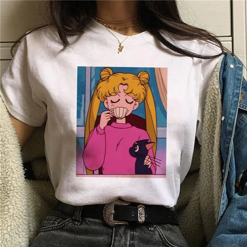 Japanese Anime 90s Y2k Tshirt Kawaii Sailor Moon T Shirt Women  Aesthetic T-shirt Cartoon Summer Tops Tees Grunge Clothes Female