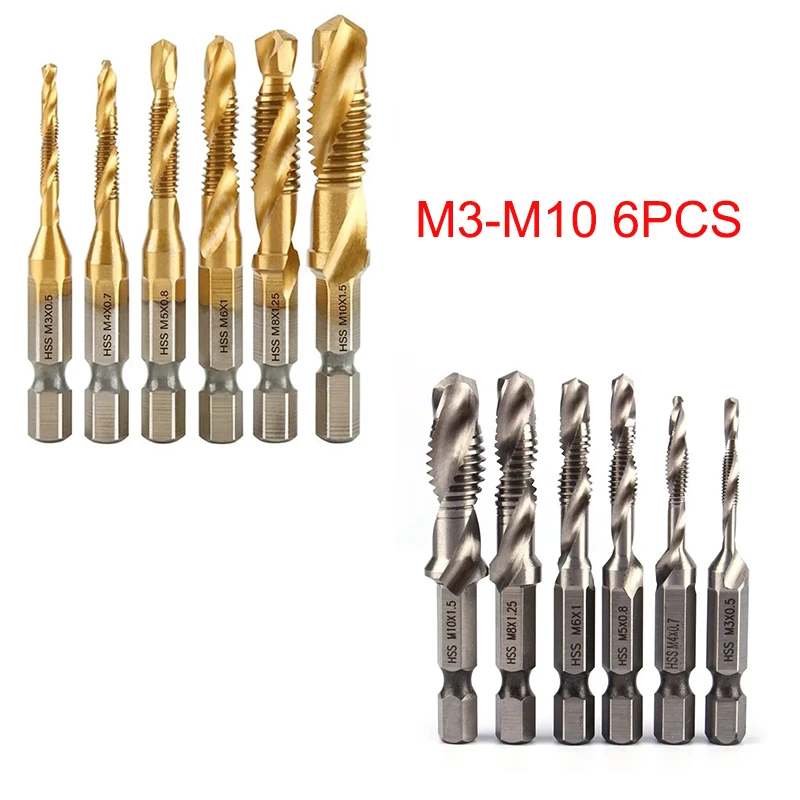 6PCS gold sliver machine screw tap High speed steel tapping integrated composite drilling Hexagon handle Fried Dough Twists