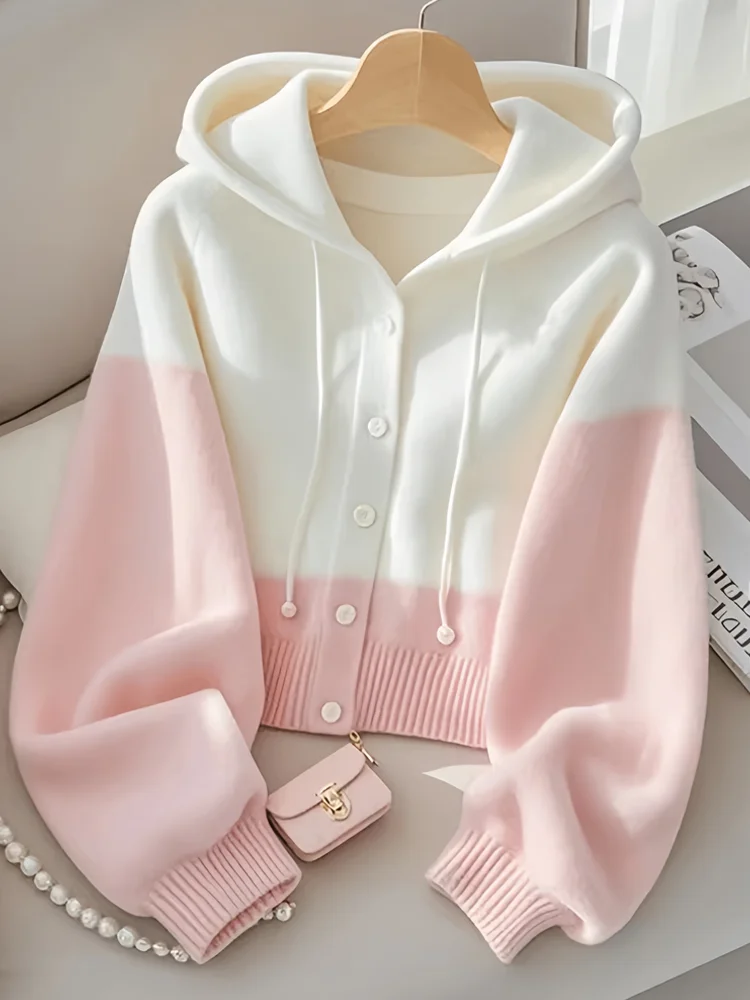 

Pink Spliced Hoodie Sweater Women's Autumn Winter New Lazy Sle High-End Open Cardigan Knitted Top Warmth Emitting Regular L...