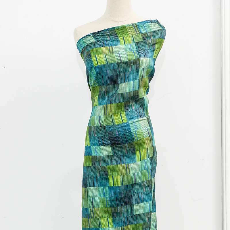 

High quality ramie fabric Green yellow print tissu High end designer robe shirt dress sewing