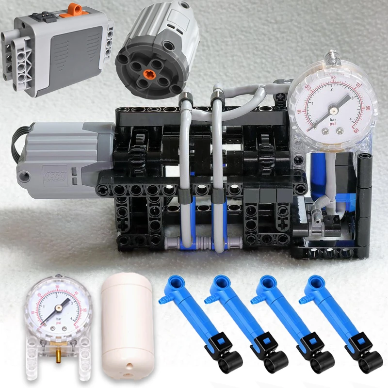 

MOC Building Blocks Pneumatic Pump Compact With Airtank Pump Pressure Gauge Hose Motor DIY Technical Assembly Bricks Toy Gift