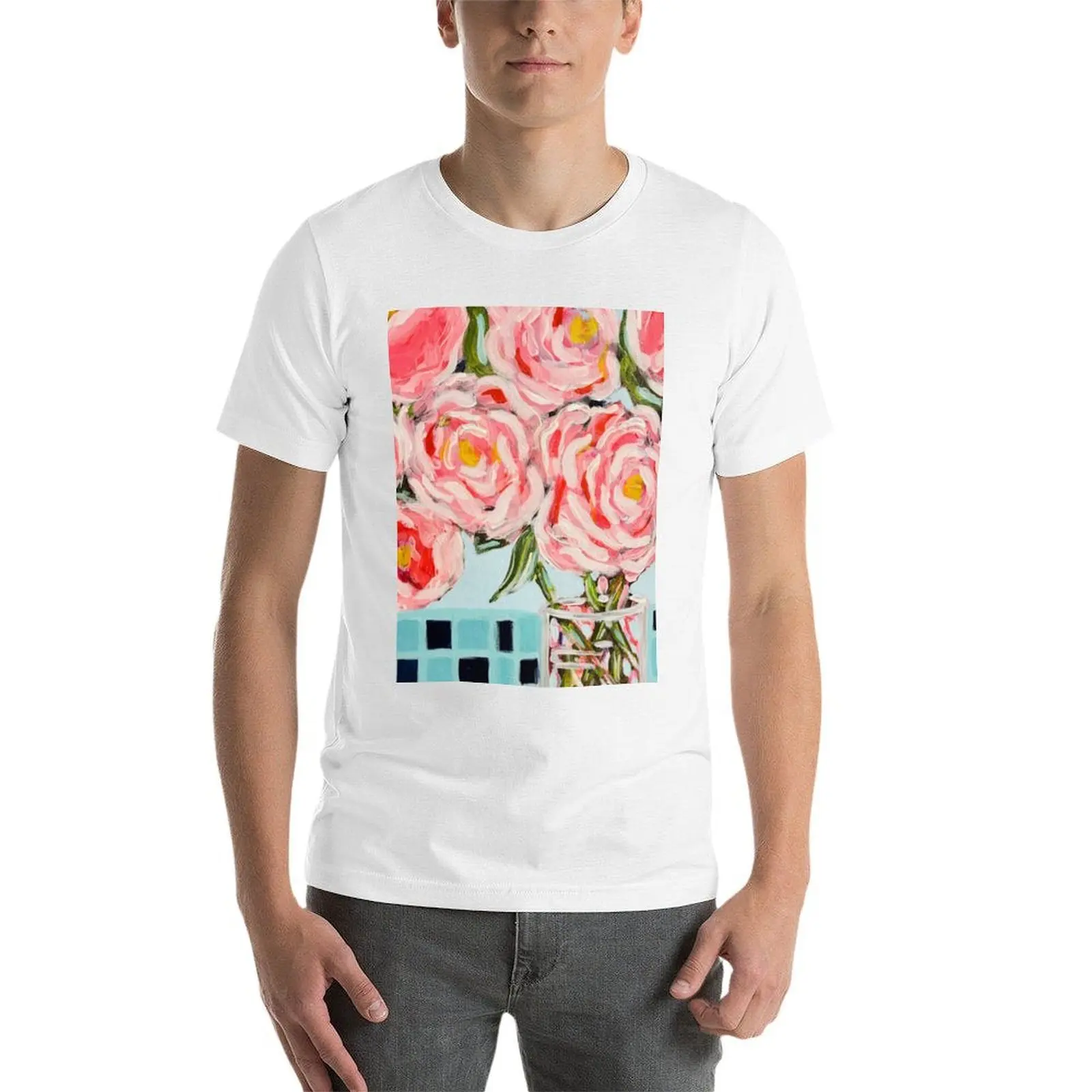 Rose rosa su Blue Check Table T-shirt da uomo t-shirt in cotone 100% t-shirt da uomo grafica t-shirt da uomo di lusso
