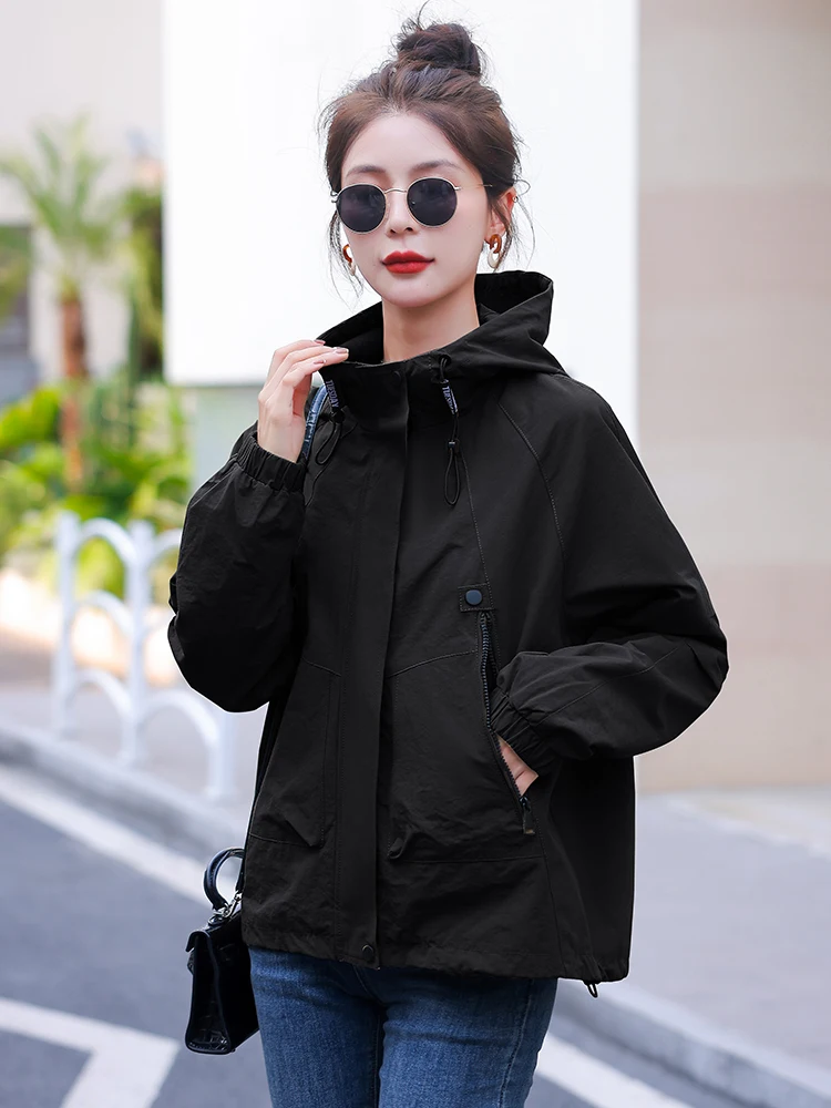 Fashionable Casual Women's Spring Autumn 2026 New Style Loose Fit Short Hooded Jacket Versatile Windbreaker Coat Zipper Closure