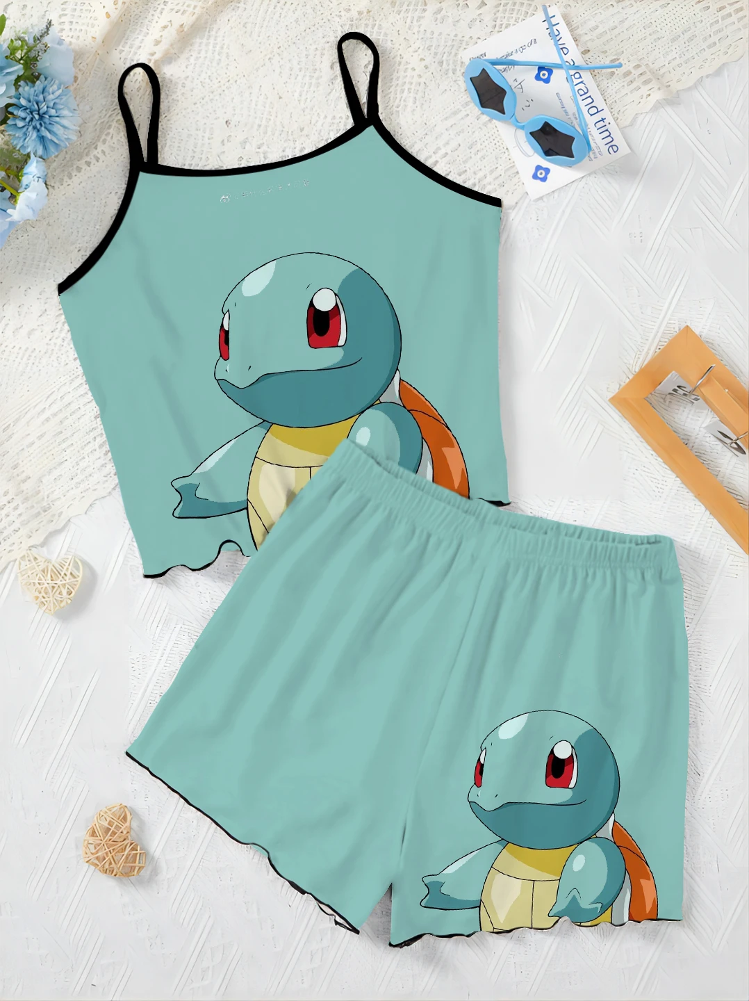 Pokémon Elegant Women's Sets for Women 2 Pieces Slip Dress Top Squirtle Charizard Pajama Skirt Lettuce Trim T-shirt Short Suit