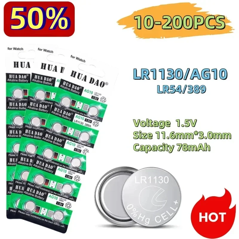 AG10 LR1130 1.55V Button Battery LR 1130 SR1130 389A LR54 L1131 For Watch Hearing Aid Flashlight Calendar Toys Alkaline Battery