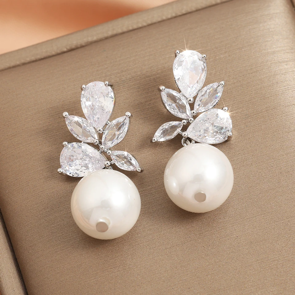 ZAKOL Unique Design Shiny Zirconia Imitation Pearl Drop Earrings Fashion Romantic Wedding Party Earring Jewelry for Women Bridal