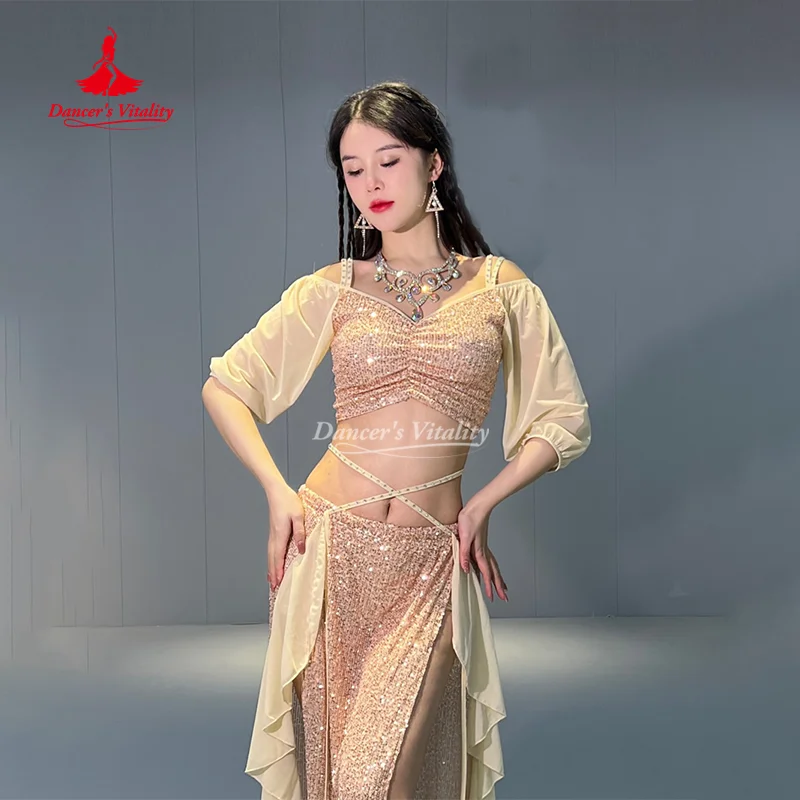 Costume Danza Del Ventre 3 Pezzi Genie Arabian – Maniche Lunghe Con Spacco, Top, Pantaloni E Sciarpa Vita, Taglie 160-170 Cm