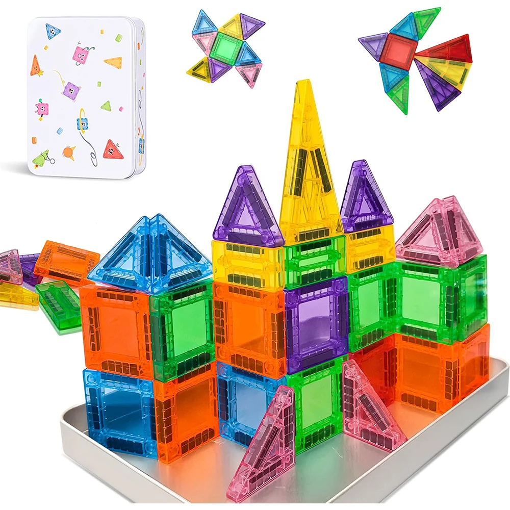 مجموعة سفر 56 قطعة من البلاط المغناطيسي الصغير مع صندوق تخزين حديدي مكعبات بناء جذعية محمولة للأطفال ألعاب تعليمية مونتيسوري