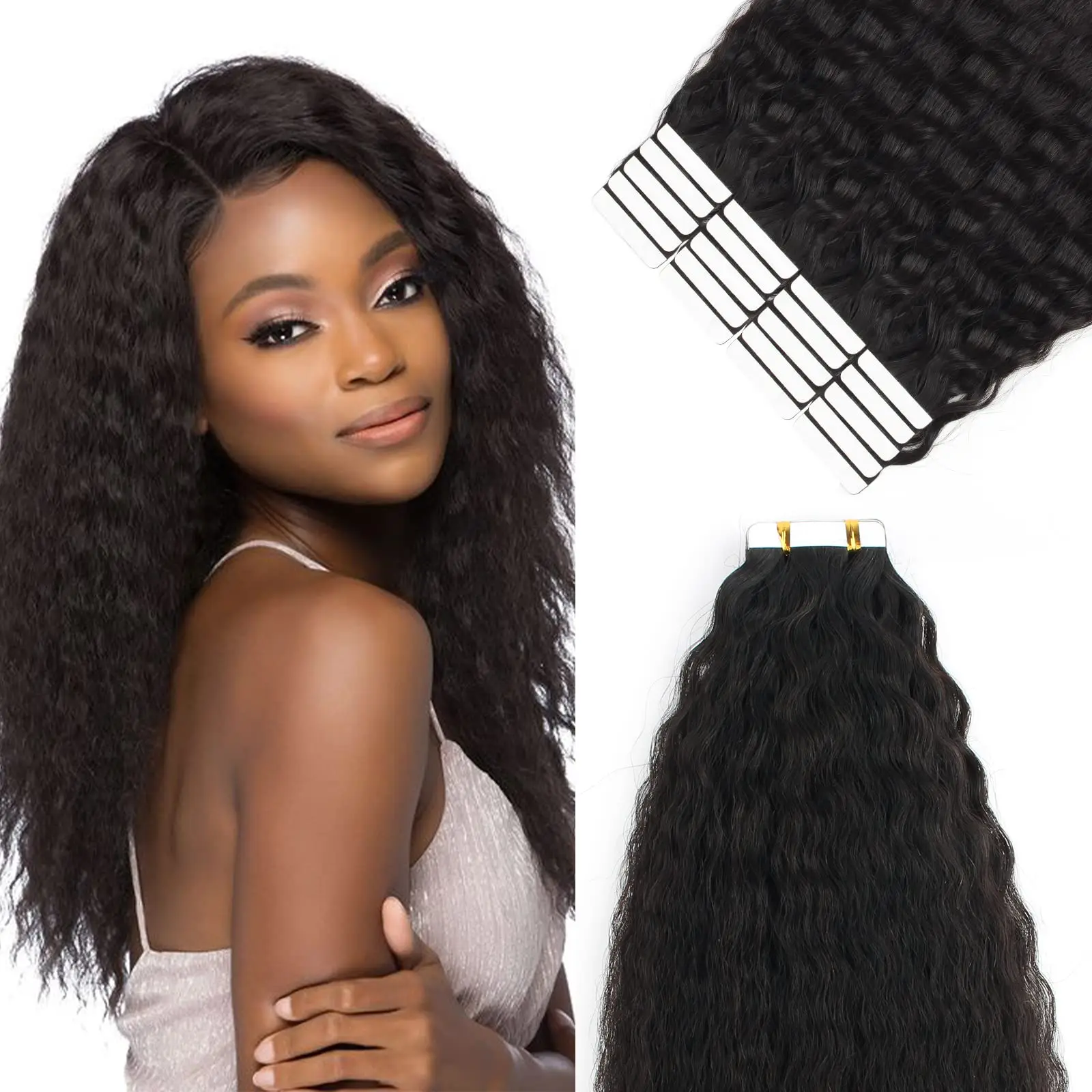 Kinky Straight Tape In Human Hair 16-26inches Extensions 100% Real Remy Human Hair Weft Adhesive Glue On High Quality for Woman