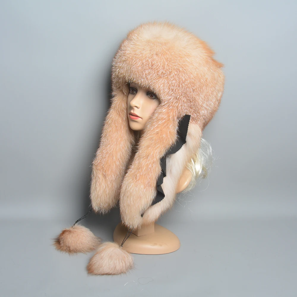 Hot Sale Lady Winter Warm Luxury 100% Natural Fox Fur Hat Fashion Fluffy Fox Fur Rex Rabbit Fur Caps Women Real Fur Bomber Hats