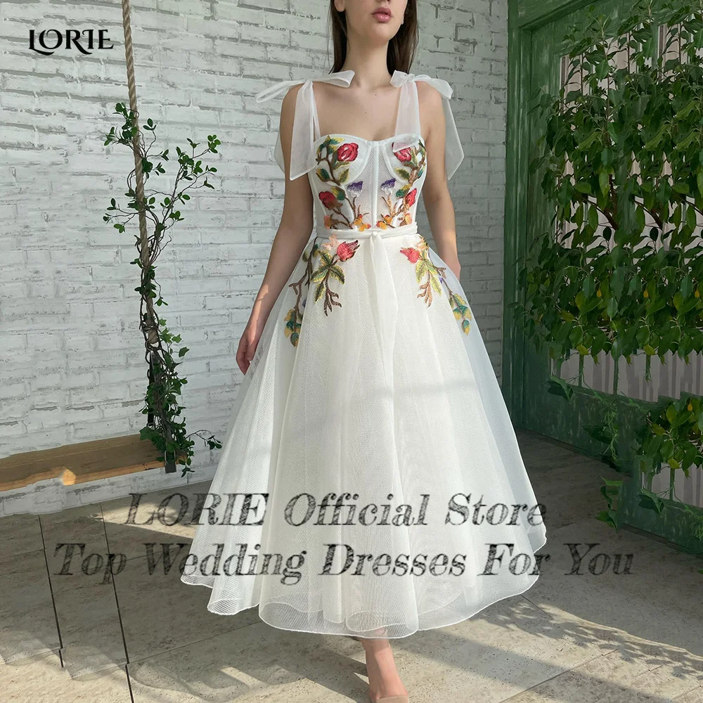 LORIE 2022 Elegant Colorful Flowers Lace Party Gowns A-Line Tie Straps Formal Dresses Ankle-Length White Boho Party Prom Dress