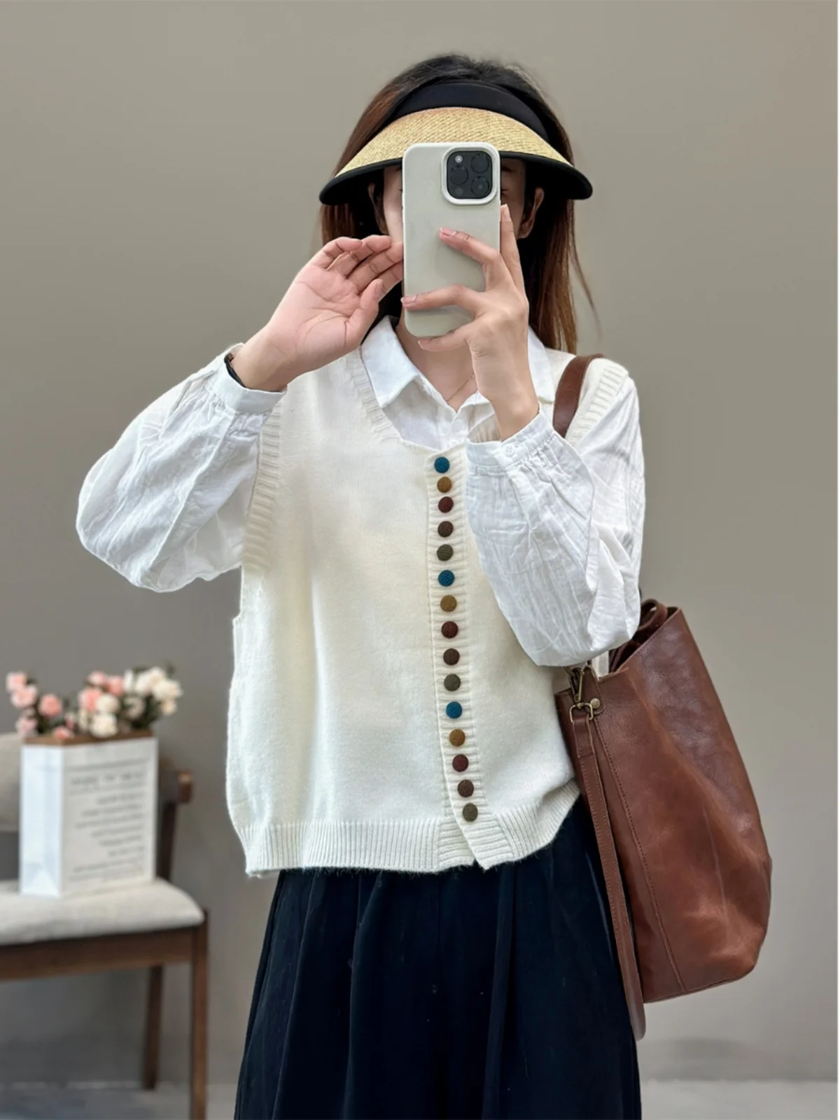 레트로 슬리 레인보우 버튼 니트 조끼 울 겨울 라운드 넥 다용도 레이어링 오픈 가디건 탑 여성용