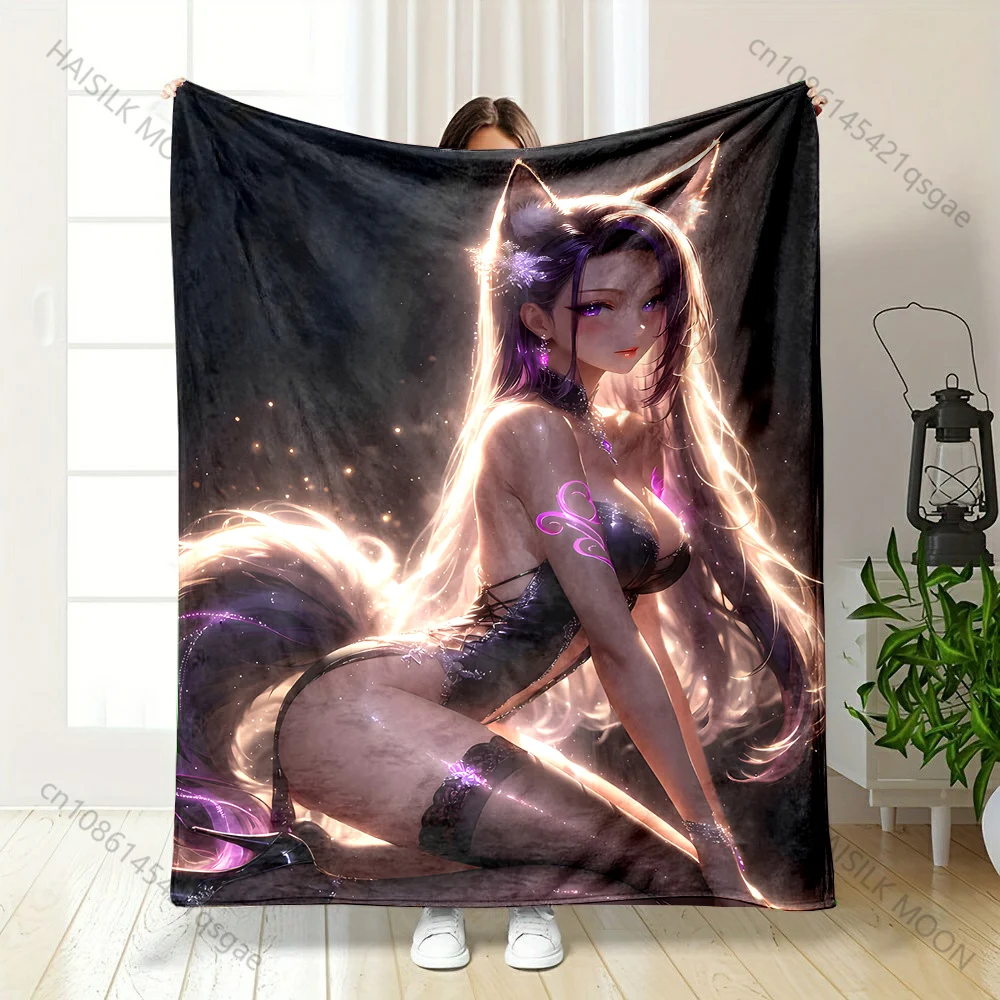 

Fox eared girl glowing hair purple tattoos Print Blanket Warm Soft Fluffy Kids Adult Sofa Bed Throw Outdoor Travel Camping RV