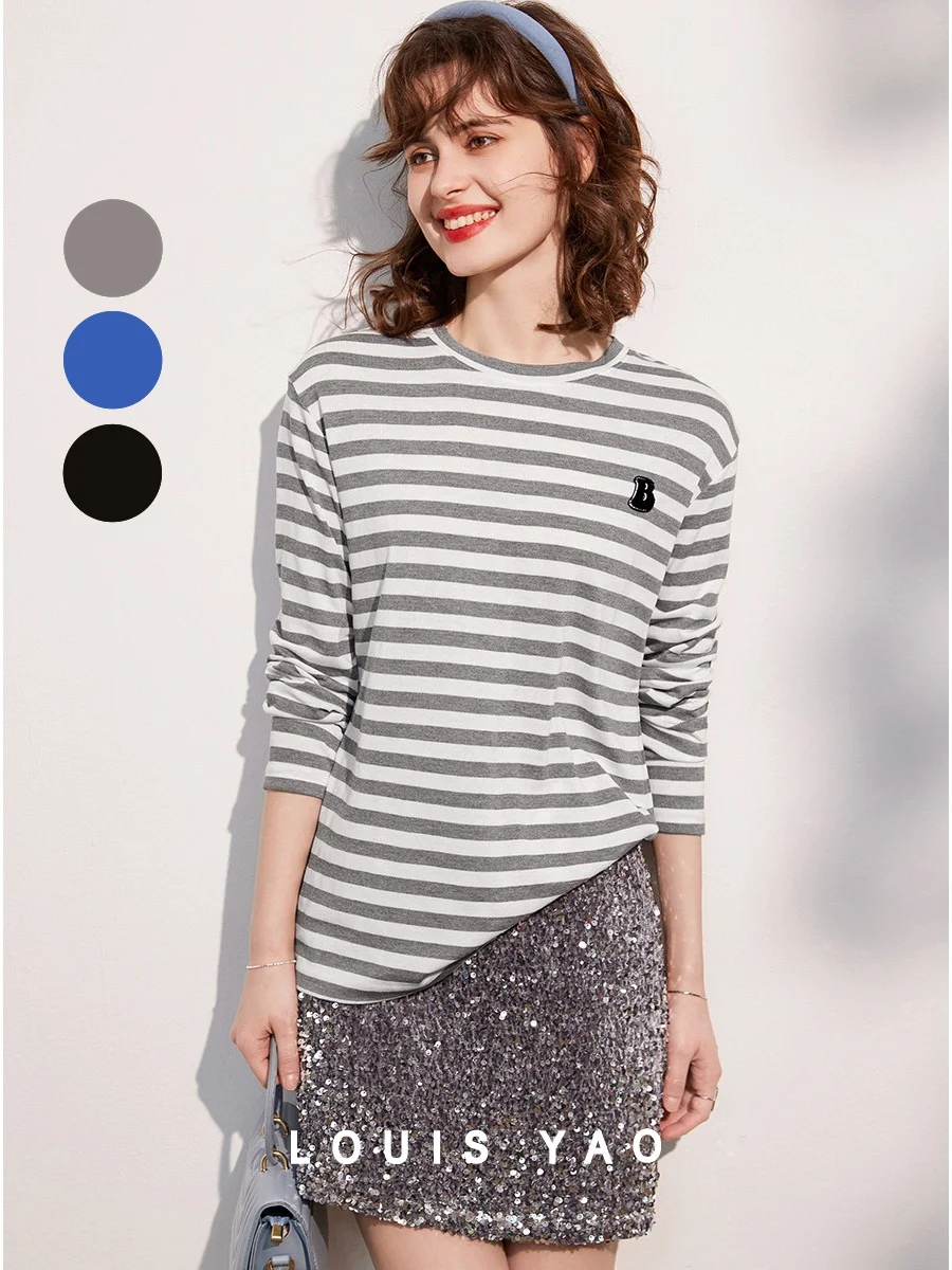 LOUIS YAO-Camiseta a rayas para mujer, camiseta de manga larga con cuello redondo, camiseta informal holgada a la moda, Jersey largo, primavera 2025
