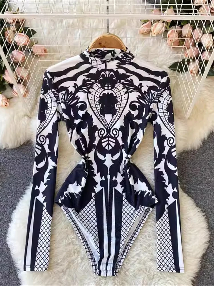 

Spring Summer Women White Printed Bodycon Jumpsuits Elegant Stand Collar Long Sleeve Slim Sheath Romper Female New Fashion 2024