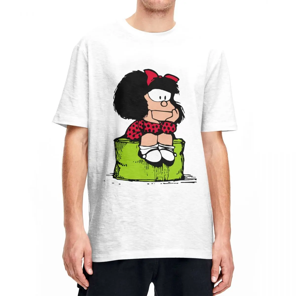 Men Women's Mafalda Sad Thinking T Shirts Quino Argentina Cartoon Cotton Clothing Casual Round Neck Tees Graphic Printed T-Shirt