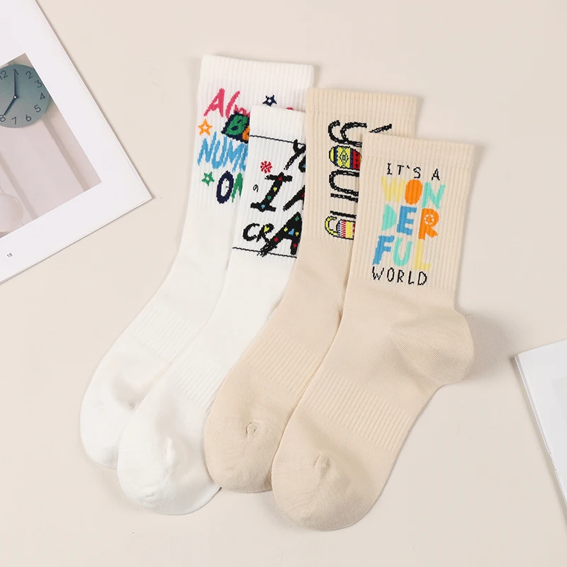 DONG AI 1 Pairs Cotton Socks Women Spring Mid-tube Socks Couple Socks Colorful Letter Socks Alphabet Jacquard Sports Socks Sweat