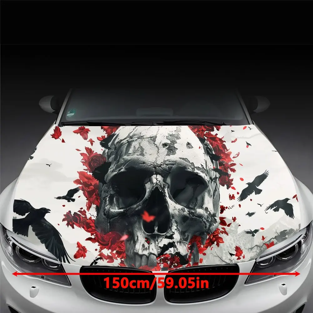Red Petals and Skull, Symbol of Horror Car Hood Decal Sticker, Durable Car Vinyl Wraps Suitable for Most Vehicles, Car Engine Ho