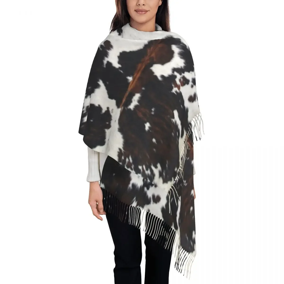 Cowhide Leather Texture Tassel Scarf Women Soft Animal Fur Shawls Wraps Lady Winter Fall Scarves