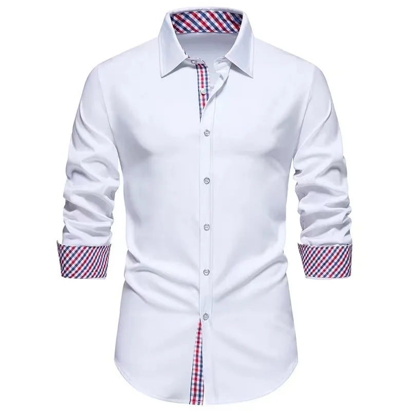 

Men's shirt T-shirt stitching plaid casual slim party party men's long-sleeved button-down lapel shirt slim fashion elegant