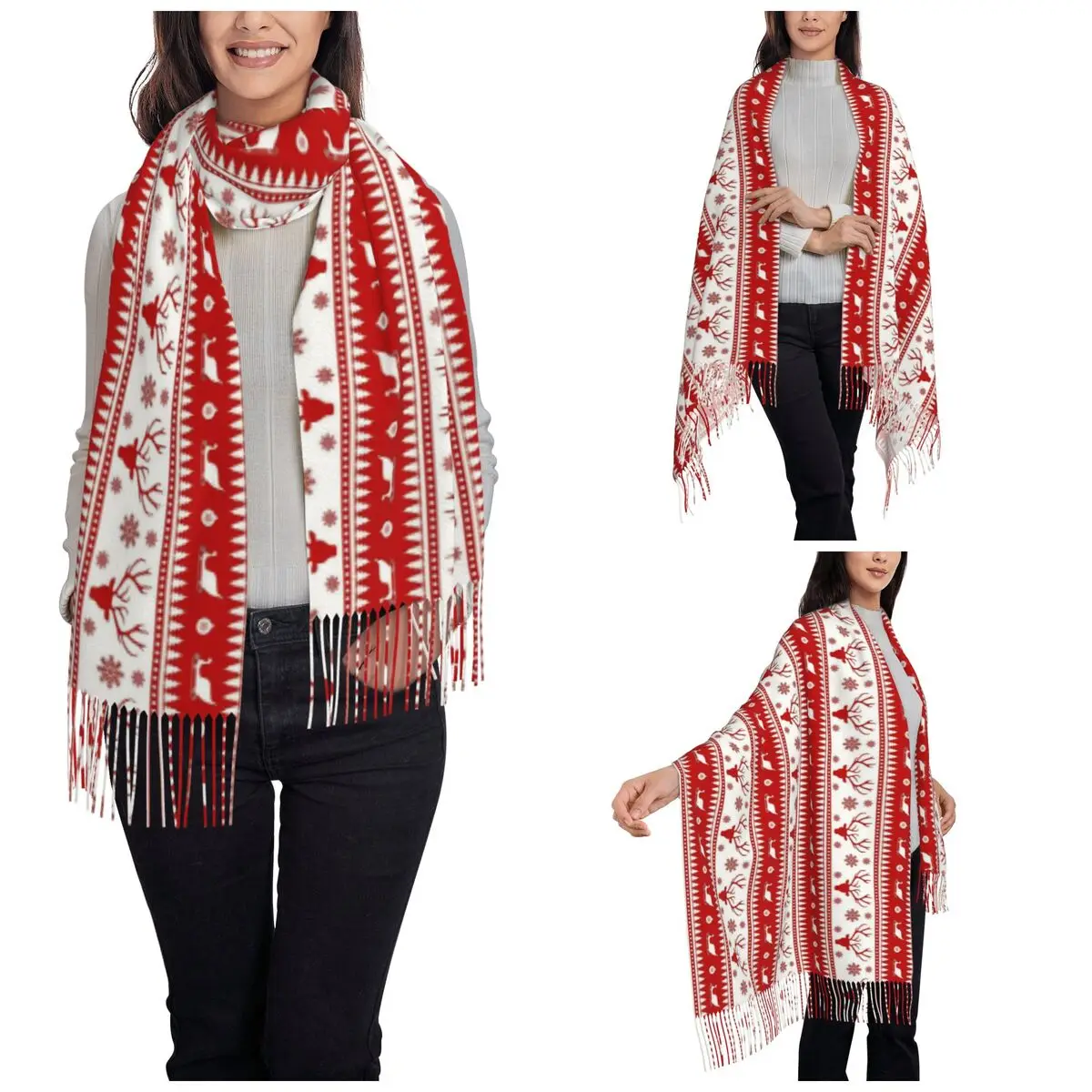 Christmas Deer Scarf for Womens Winter Fall Pashmina Shawls and Wrap Nordic Reindeer Snowflake Single-sided Pattern Scarves