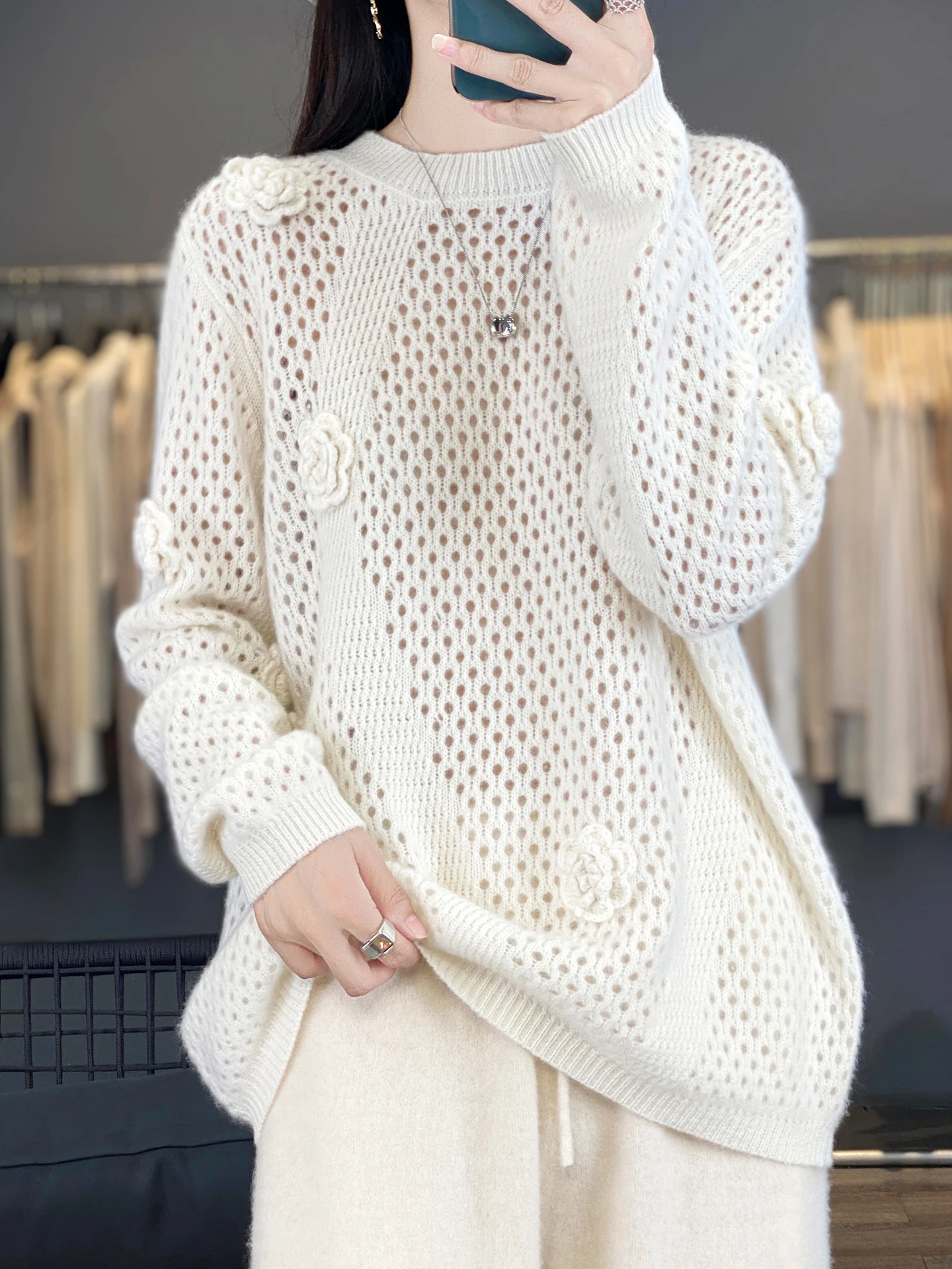 

New Fashion Autumn Winter Woman Sweater Elegant Female 100% Merino Wool Knitwear Hollow Out Pullover Long Sleeve Clothing Tops