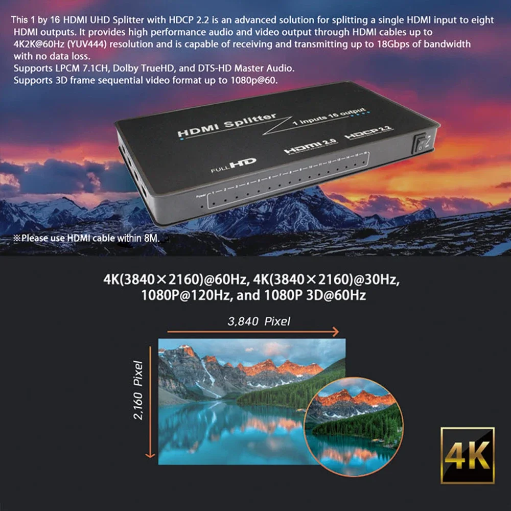 Divisor HDMI 2.0 hdmi 1 en 16 salidas 4K Multi Visor HD video1x16 divisor hdmi