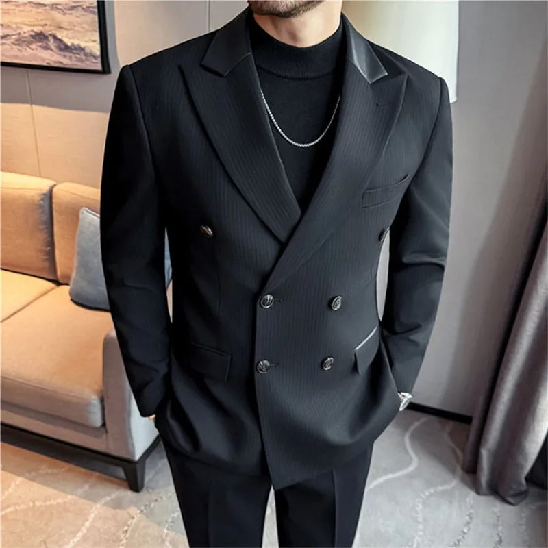 

Толстые двубортные полосатые пиджаки, мужские элегантные повседневные лоскутные кожаные пиджаки с отложным воротником, мужские пиджаки высокого качества