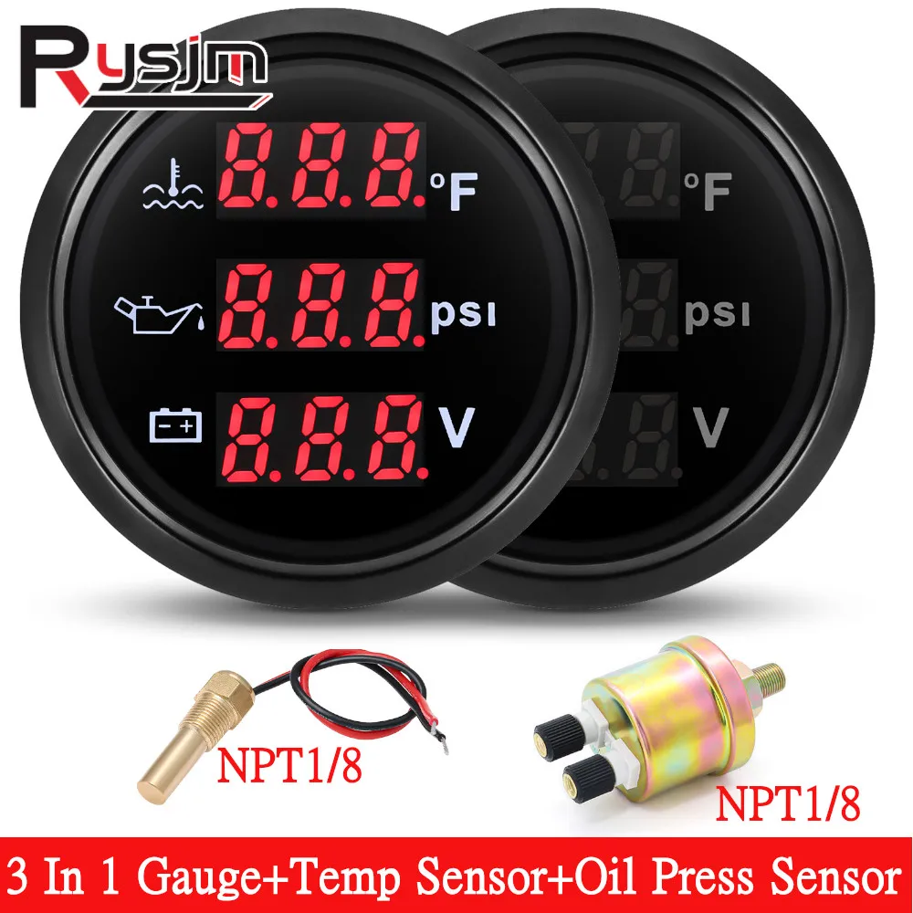 

Customized 52mm 3 IN 1 Gauge Boat Car Water Temperature ℉ Oil Pressure PSI Voltmeter with Sender Temp Oil Press Sensor NPT1/8