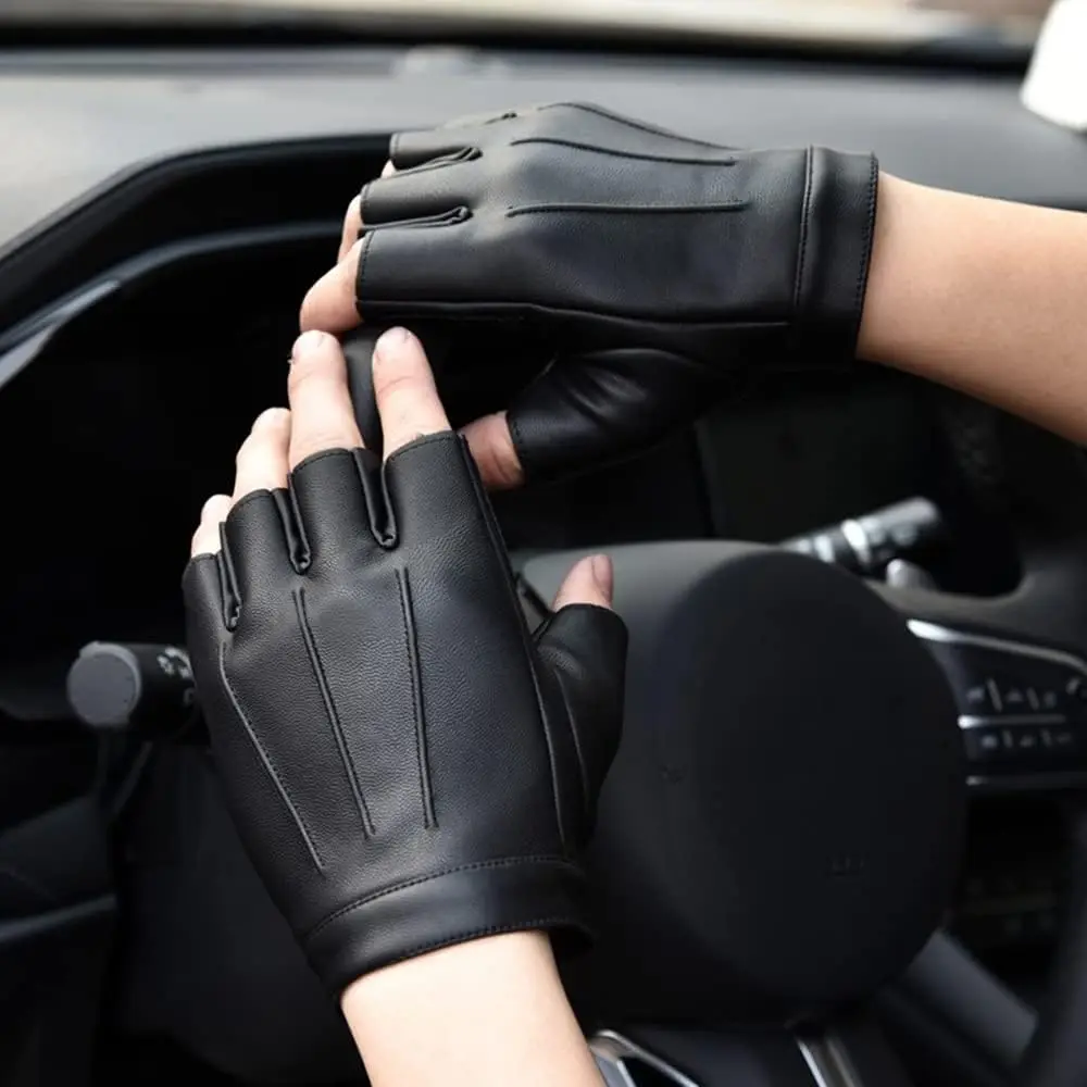 Fingerless Driving PU Leather Gloves Outdoor Sport Faux Half Finger with Anti-slip Layer Glove for Men Women