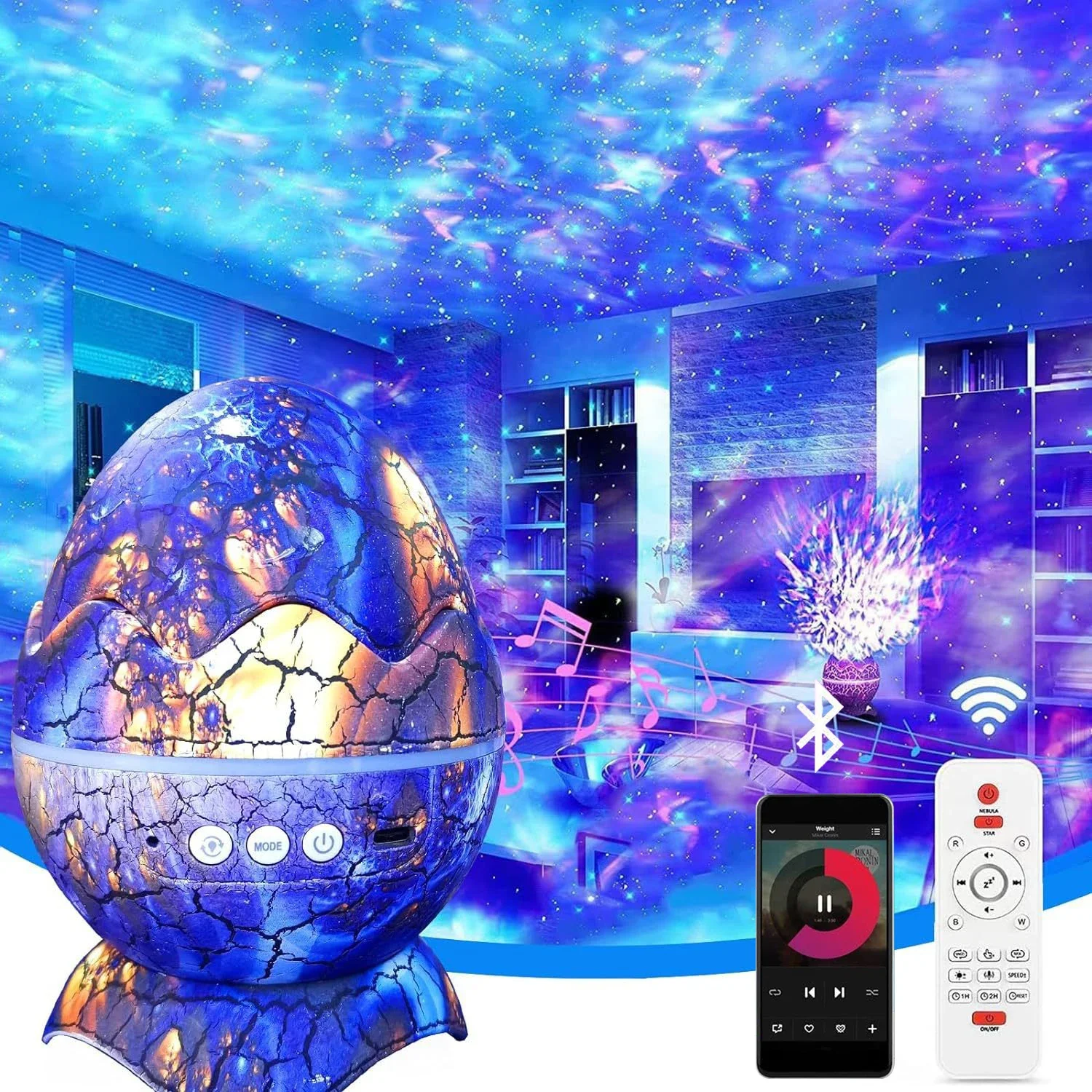 Dinosaurus Ei Starry Projector Nachtlampje Led Omgevingslicht Usb Plug-In Afstandsbediening Bluetooth Speaker Voor Kinderen Cadeau