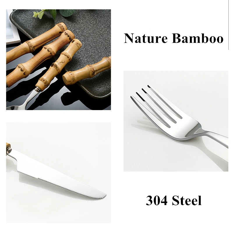 Dinnerware Sets Original Nature Bamboo Handle Stainless Steel Upscale Cutlery Fork Spoon Home Kitchen Tableware Drop Ship