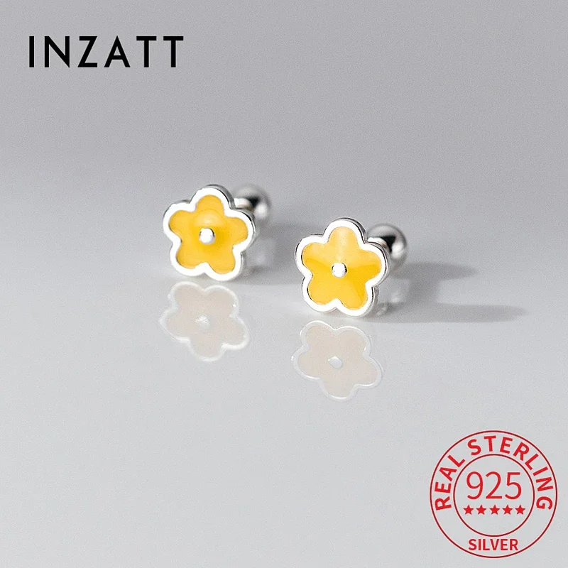 

INZATT Real 925 Sterling Silver Flower Piercing Screw Ball Thread Bead Stud Earrings for Women Classic Plant Fine Jewelry