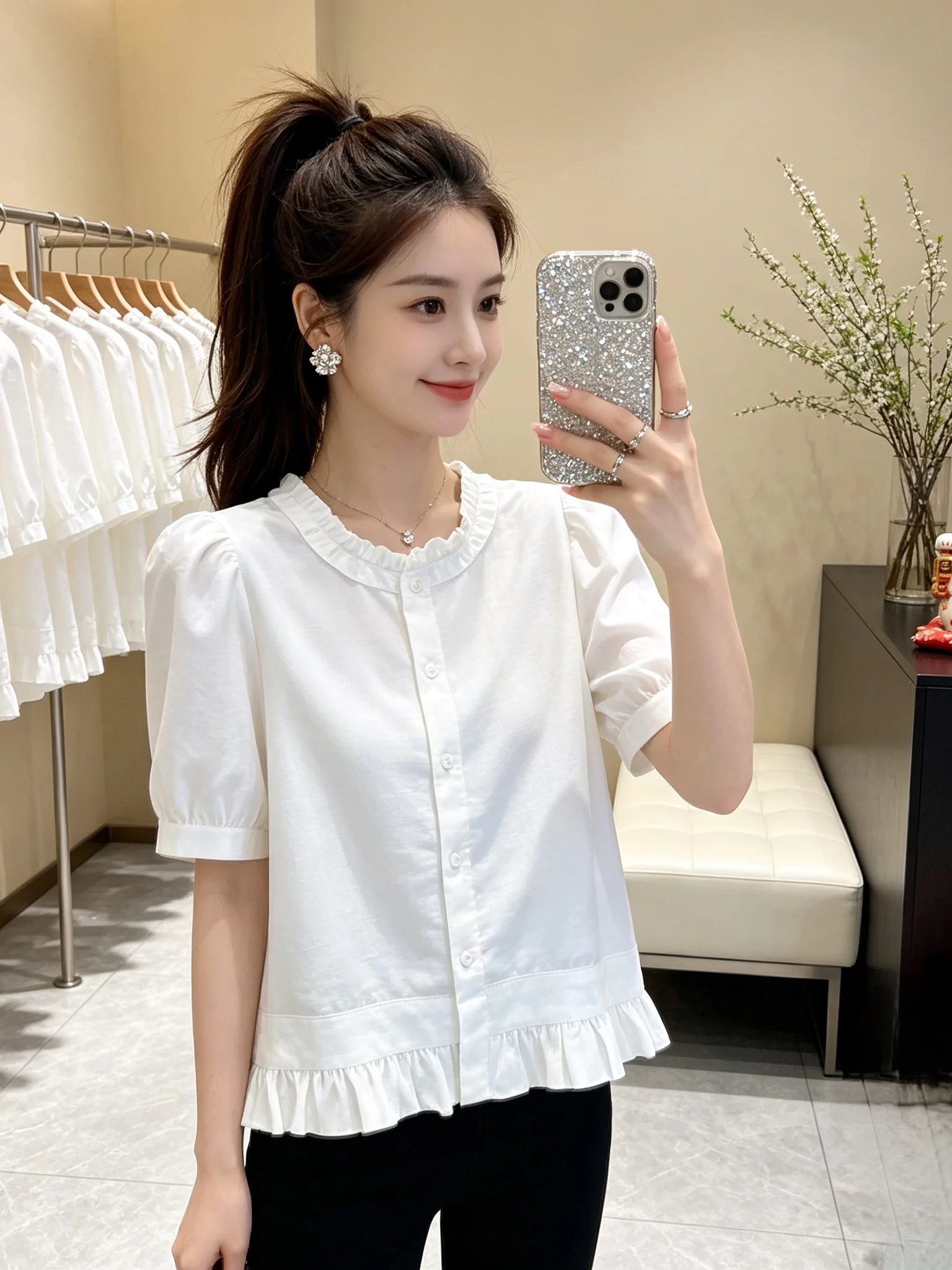 Summer 2026 White Short Sleeve round Neck Shirt Women's Fashionable Earlet Design Commute Style Polyester Fiber Shirt