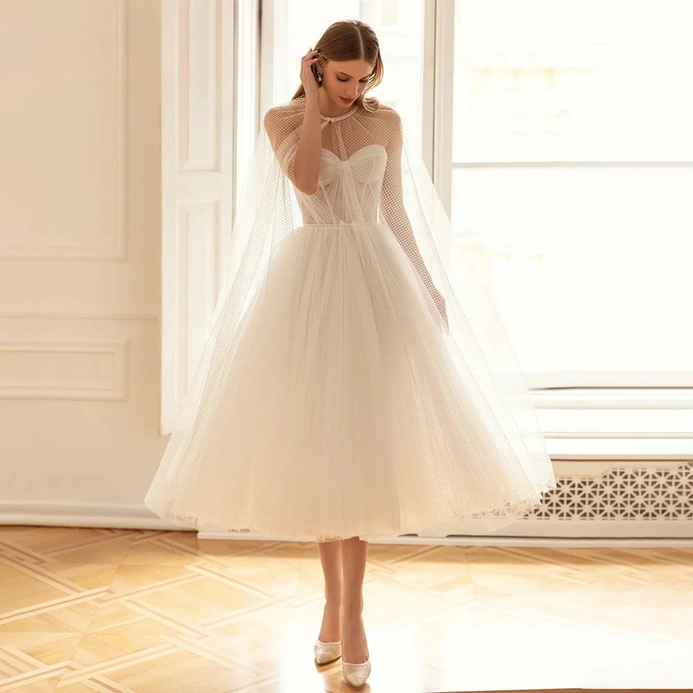 Customized Elegant Stunning A Line Wedding Dress Sweetheart Plunge Detachable Shawl Mid Calf Shawl Flowy Tulle Bridal Gown