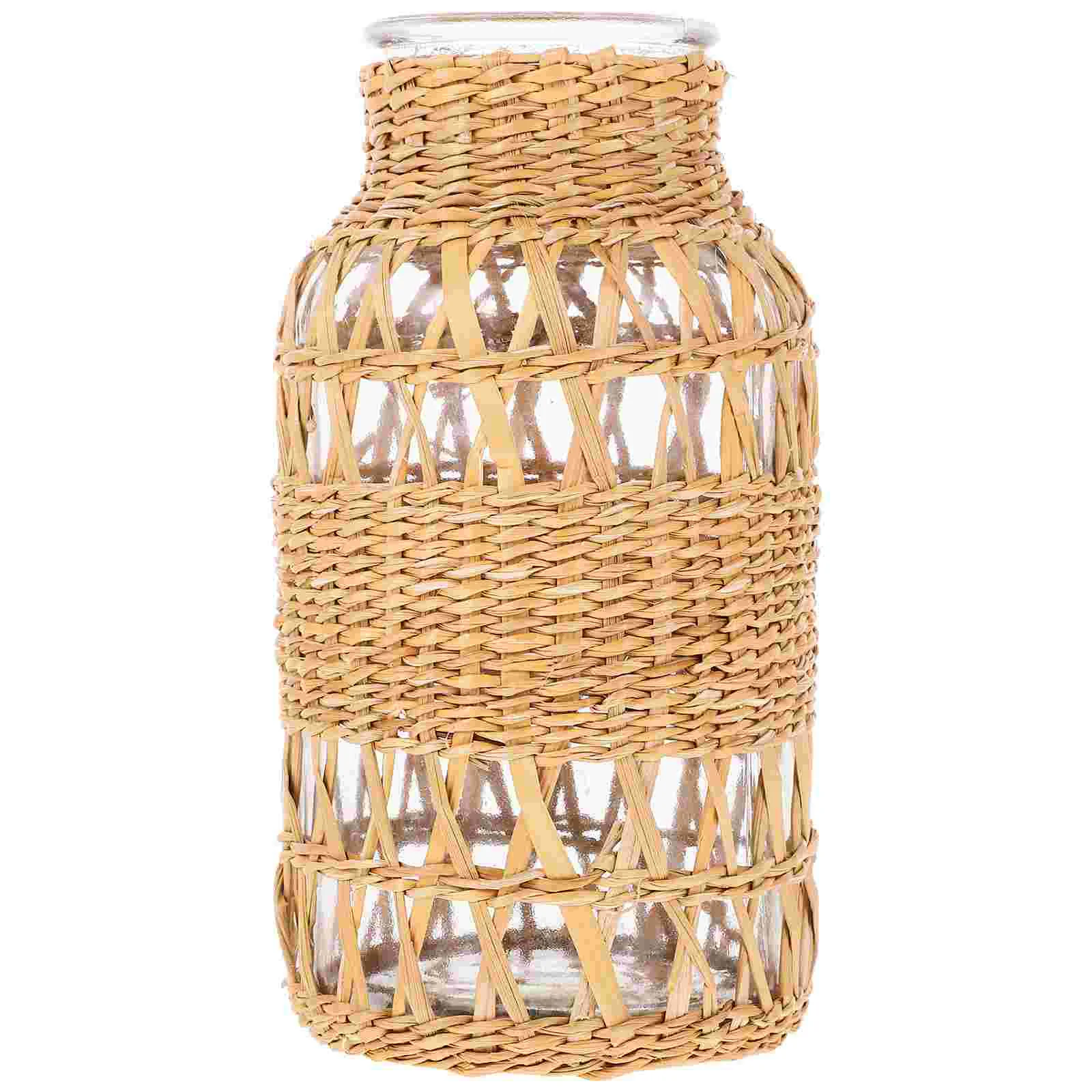 Rattan Glass Vase Boho Decor Desktop Woven Bohemia Plants Container For Countryside Style Flower Vase Table Vase Ornament