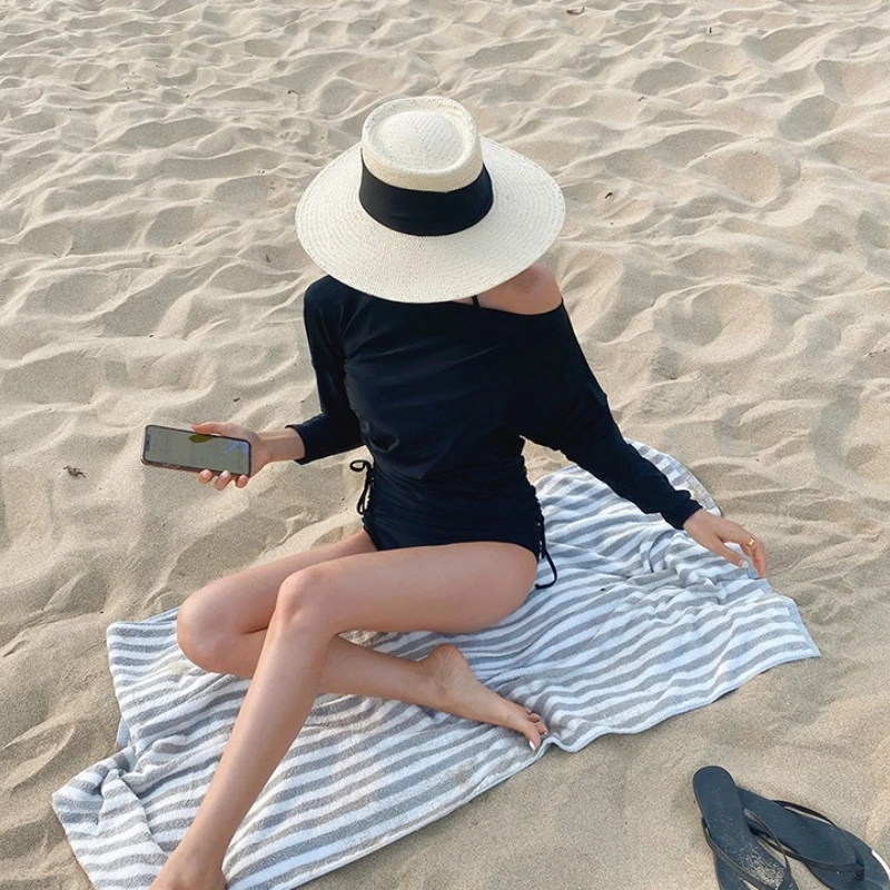 Damski, nowy strój kąpielowy z długim rękawem, na jedno ramię, z wysokim stanem, trójkątnym rozcięciem, wyszczuplający, kontrolujący brzuch, seksowny strój kąpielowy do gorących źródeł.