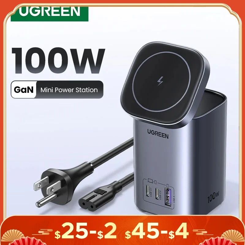 UGREEN GaN 100W Desktop Charger MFi Magnetic Wireless Charger for iPhone 16 15 14 Fast Charger Power Station for Laptop Notebook