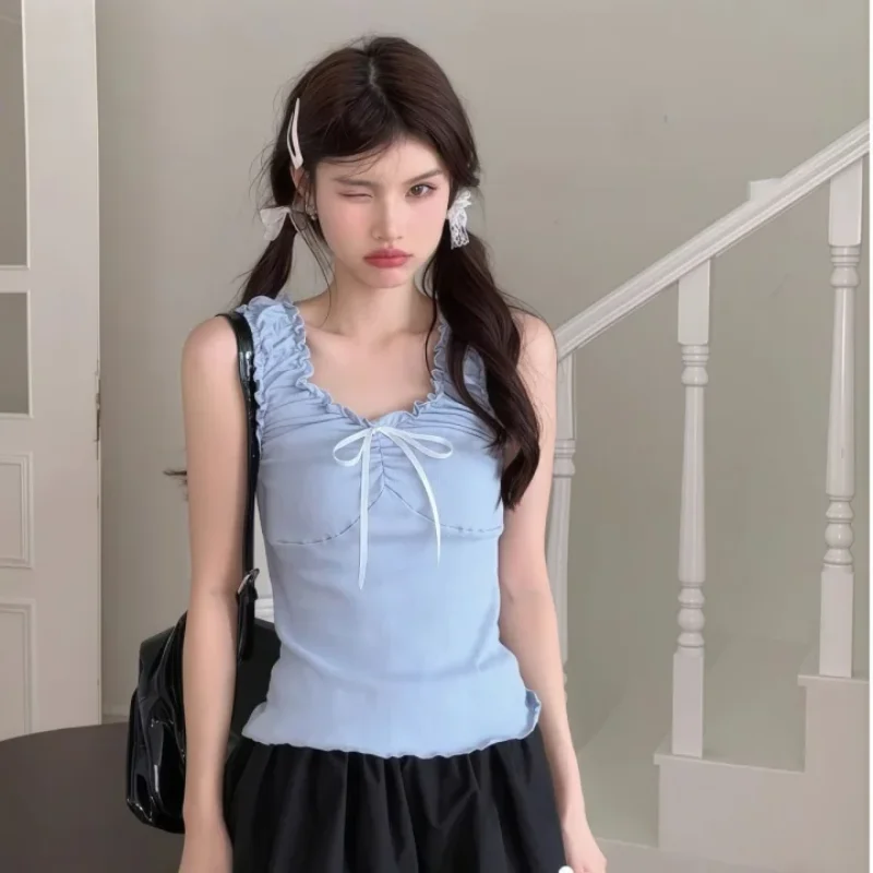 

Sweet and cute style patchwork mushroom edge women's vest summer new slim fit sleeveless short women's tops emo