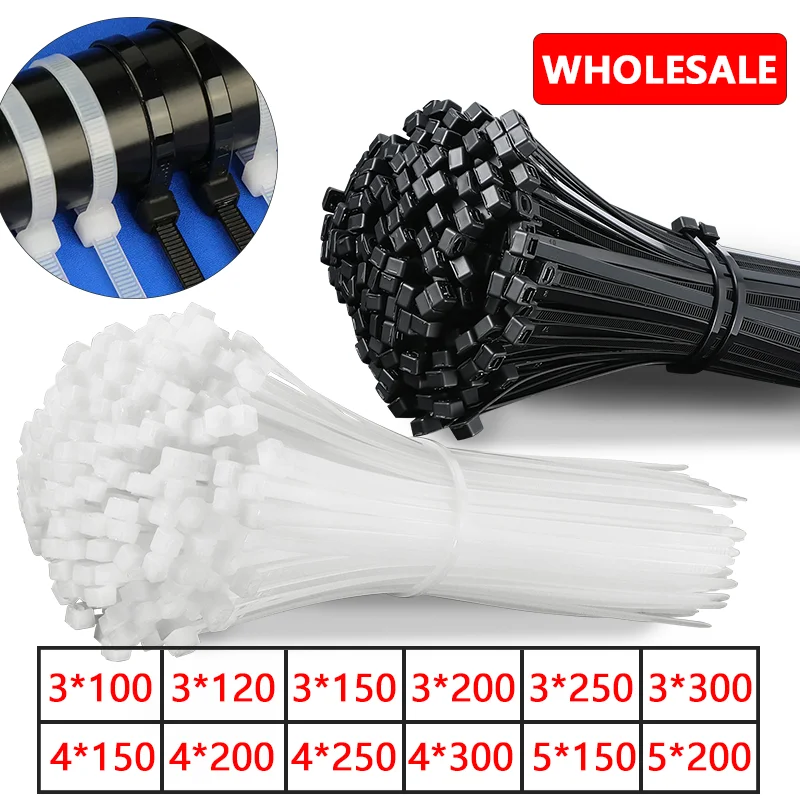 

1000Pcs Black & White Nylon Cable Ties Self-locking Wire Zip Set Kit 3*100 3*150 4*200 Industrial Supply Fasteners Cable Tie