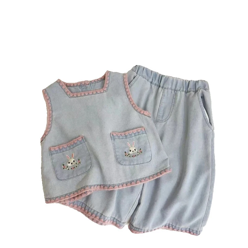 Set di pantaloni in Denim per ragazze 2 pezzi camicia senza maniche con colletto quadrato rosa a contrasto + pantaloni a gamba larga traspiranti a