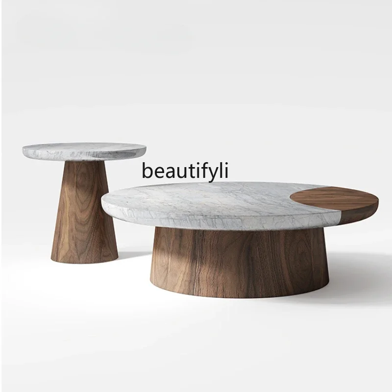 

Italian round Marble Tea Table Combination Living Room Home Modern Simple Retro Style Walnut Model Room