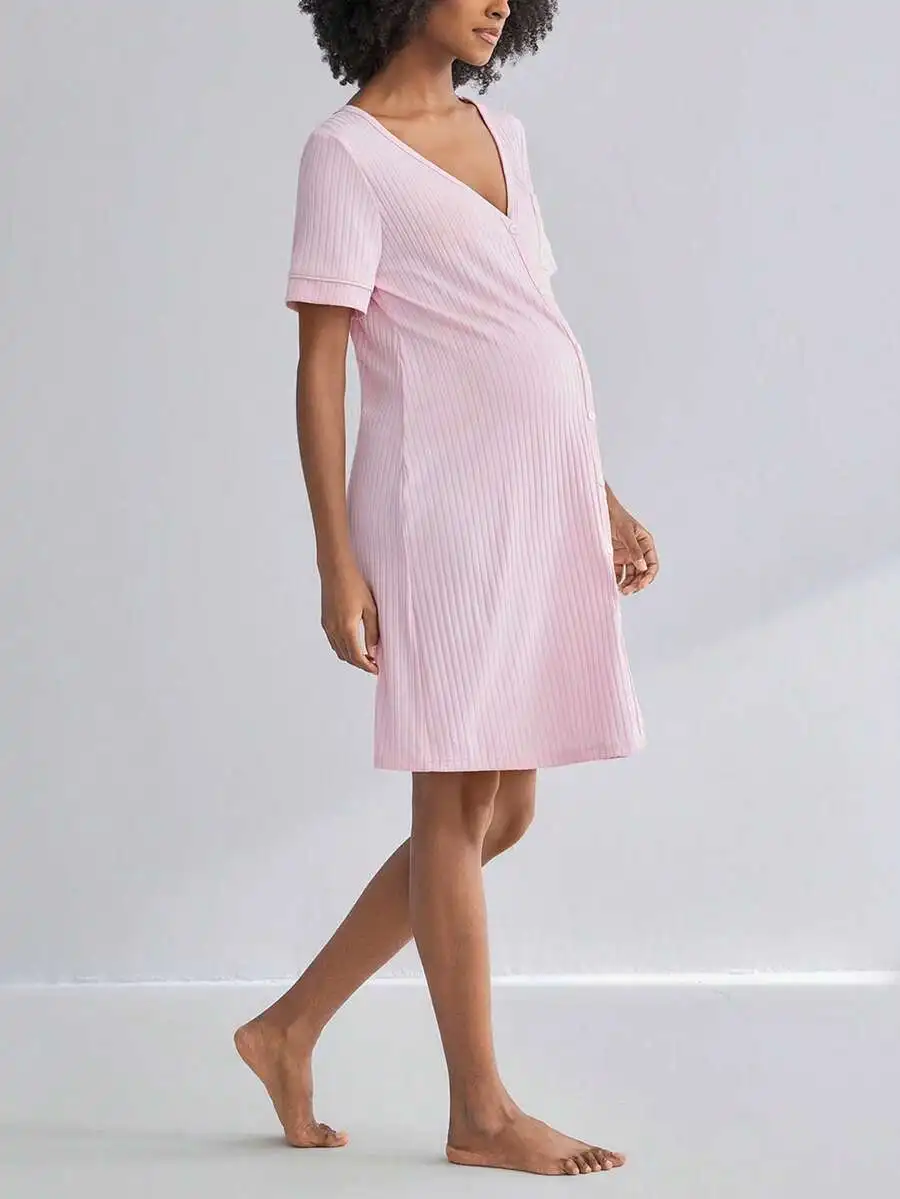 Pink Ribbed Short Sleeve Maternity Nursing Nightgown with Front Buttons